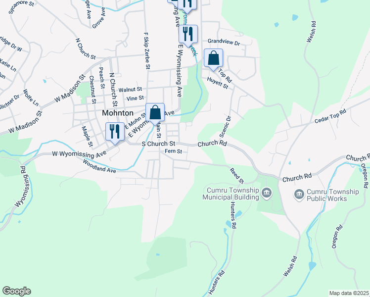 map of restaurants, bars, coffee shops, grocery stores, and more near 205 South Church Street in Mohnton