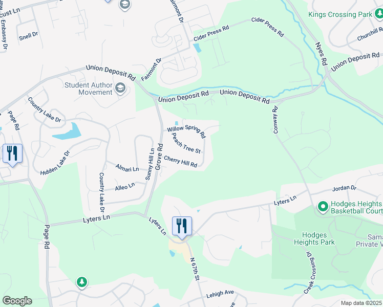 map of restaurants, bars, coffee shops, grocery stores, and more near 6087 Peach Tree Street in Harrisburg