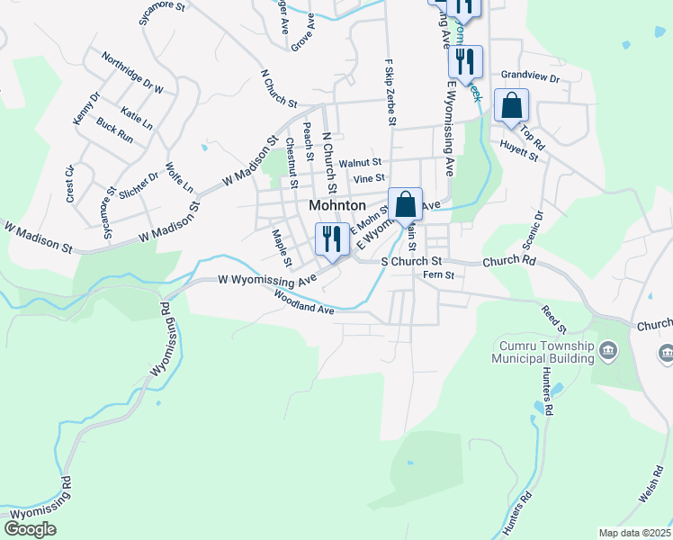 map of restaurants, bars, coffee shops, grocery stores, and more near 1 West Wyomissing Avenue in Mohnton