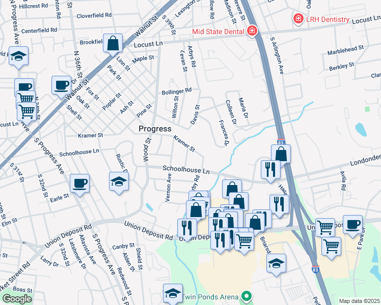 map of restaurants, bars, coffee shops, grocery stores, and more near 500 Dewitt Avenue in Harrisburg