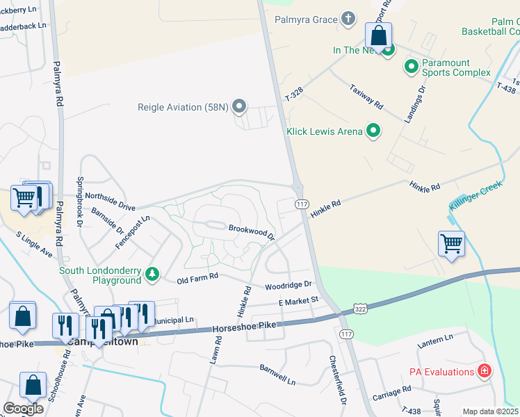 map of restaurants, bars, coffee shops, grocery stores, and more near 48 Harvest Mill Lane in Palmyra