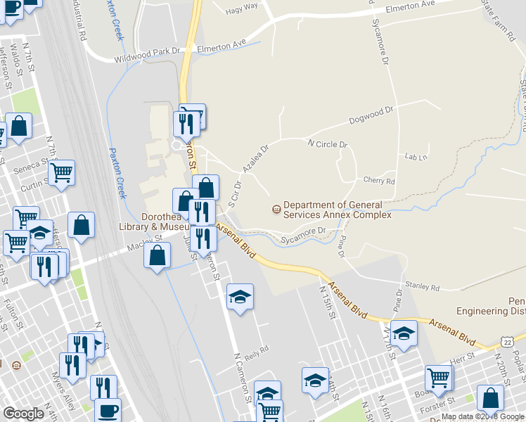 map of restaurants, bars, coffee shops, grocery stores, and more near Azalea Drive in Dauphin County