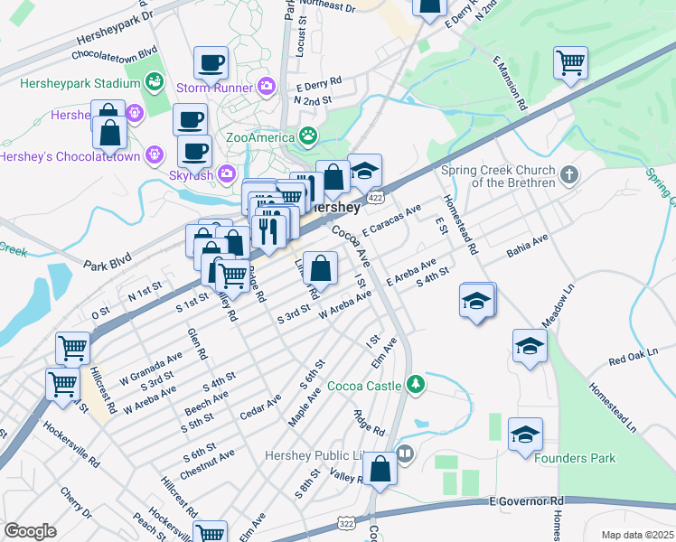 map of restaurants, bars, coffee shops, grocery stores, and more near 39 West Granada Avenue in Hershey