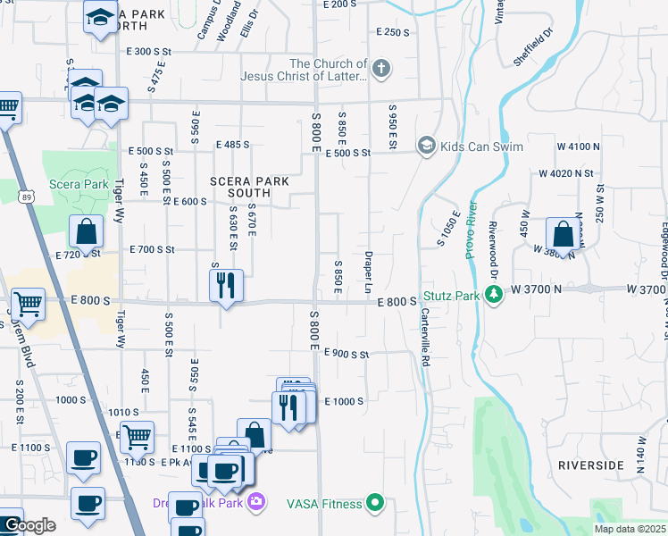 map of restaurants, bars, coffee shops, grocery stores, and more near 705 South 850 East in Orem