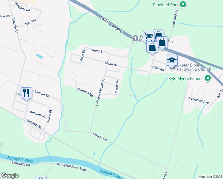 map of restaurants, bars, coffee shops, grocery stores, and more near 515 Buddies Court in Birdsboro