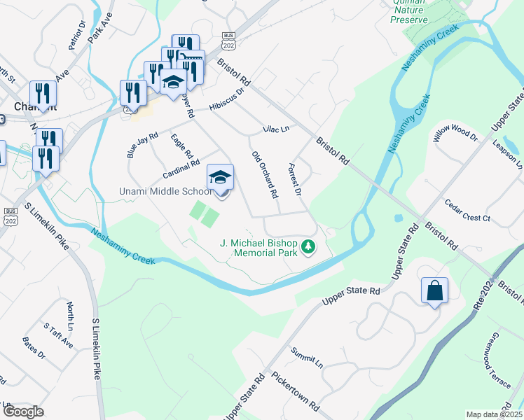 map of restaurants, bars, coffee shops, grocery stores, and more near 182 Old Orchard Road in Chalfont
