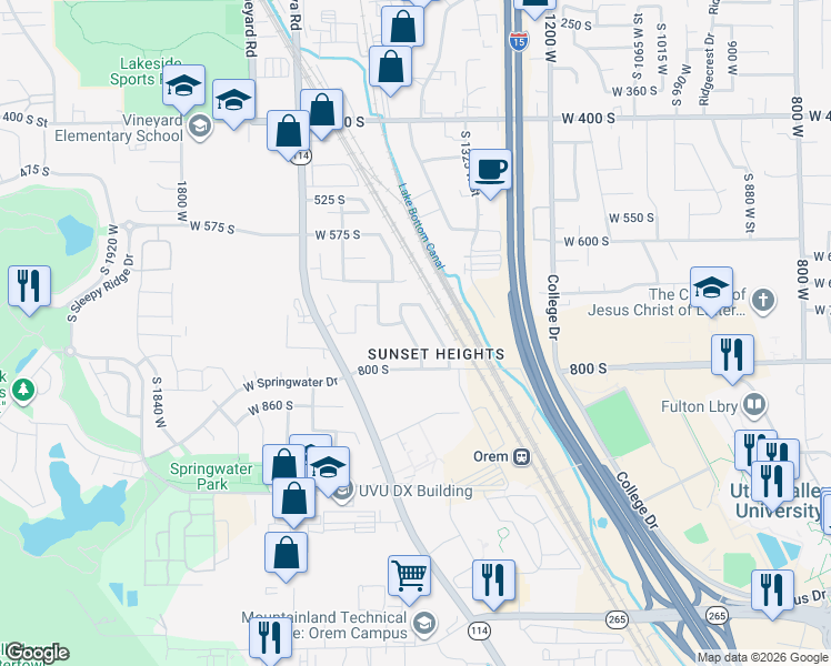 map of restaurants, bars, coffee shops, grocery stores, and more near 723 1370 west in Orem