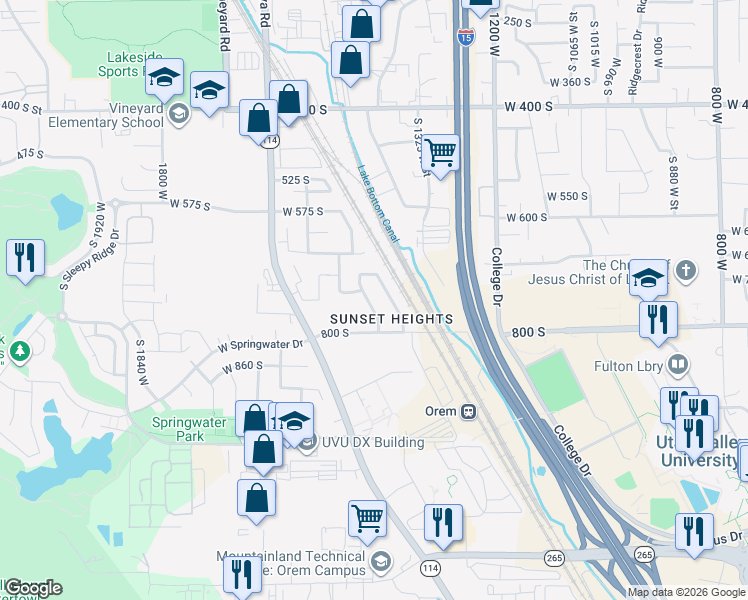 map of restaurants, bars, coffee shops, grocery stores, and more near 723 1370 west in Orem