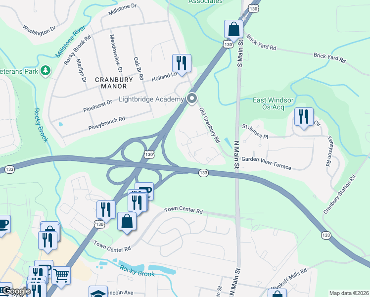 map of restaurants, bars, coffee shops, grocery stores, and more near 6 Stuyvesant Court in East Windsor