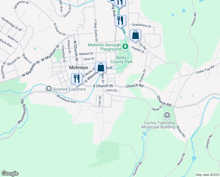 map of restaurants, bars, coffee shops, grocery stores, and more near 133 South Church Street in Mohnton