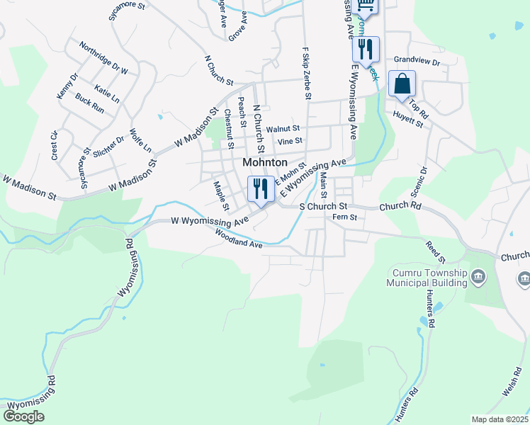 map of restaurants, bars, coffee shops, grocery stores, and more near 1 West Wyomissing Avenue in Mohnton
