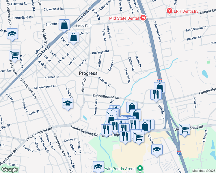 map of restaurants, bars, coffee shops, grocery stores, and more near 500 Dewitt Avenue in Harrisburg
