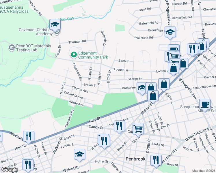 map of restaurants, bars, coffee shops, grocery stores, and more near 2515 George Street in Harrisburg