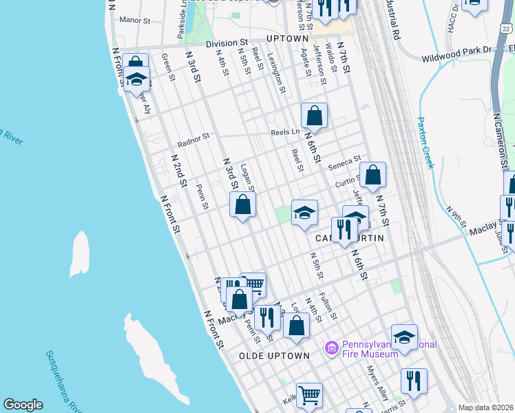 map of restaurants, bars, coffee shops, grocery stores, and more near in Harrisburg