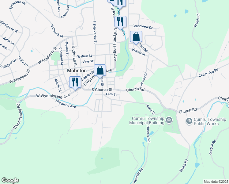 map of restaurants, bars, coffee shops, grocery stores, and more near 133 South Church Street in Mohnton
