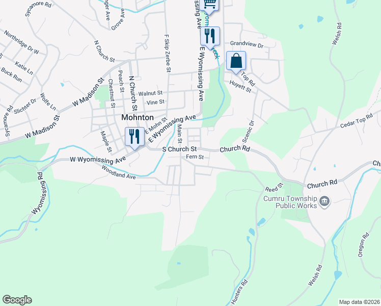 map of restaurants, bars, coffee shops, grocery stores, and more near 133 South Church Street in Mohnton