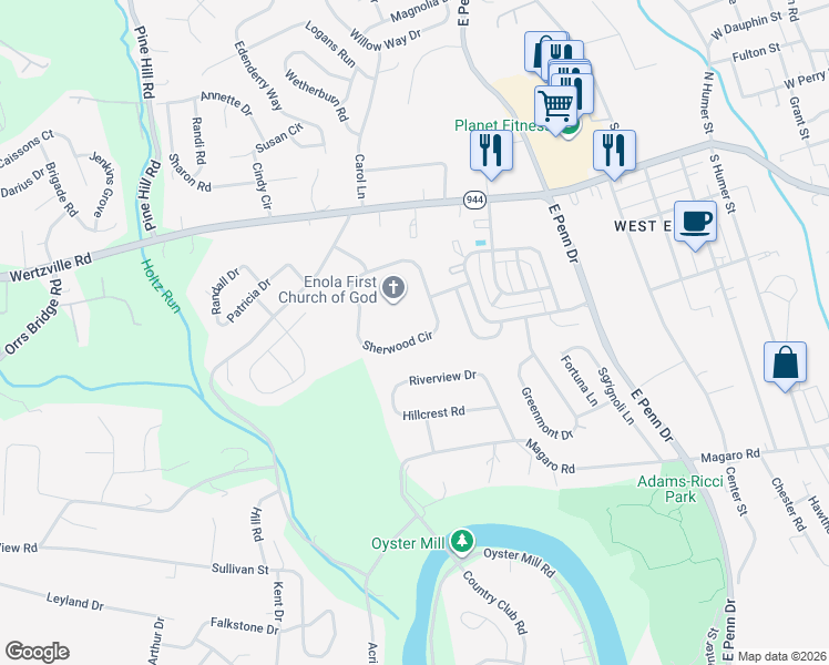 map of restaurants, bars, coffee shops, grocery stores, and more near 47 Sherwood Circle in Cumberland County