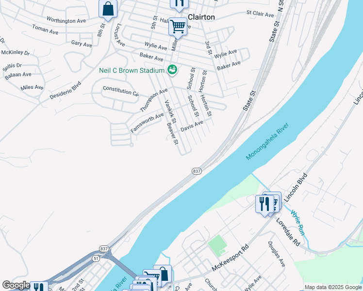 map of restaurants, bars, coffee shops, grocery stores, and more near 909 Vankirk Street in Clairton
