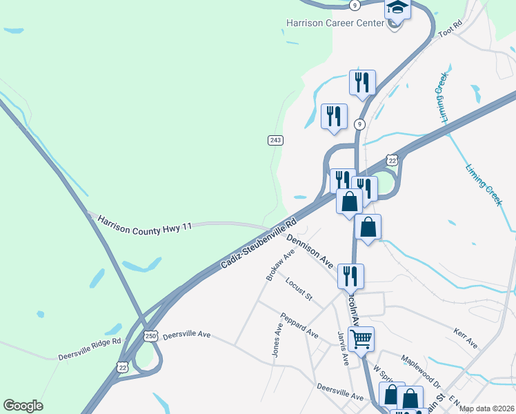 map of restaurants, bars, coffee shops, grocery stores, and more near 43140 Dennison Avenue in Cadiz