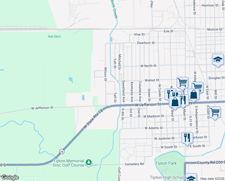 map of restaurants, bars, coffee shops, grocery stores, and more near 225 Wilson Street in Tipton