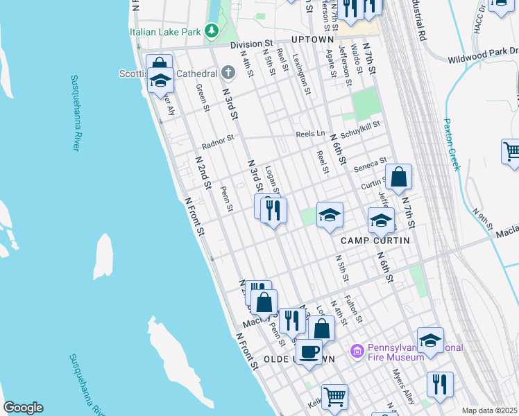 map of restaurants, bars, coffee shops, grocery stores, and more near 255 Seneca Street in Harrisburg