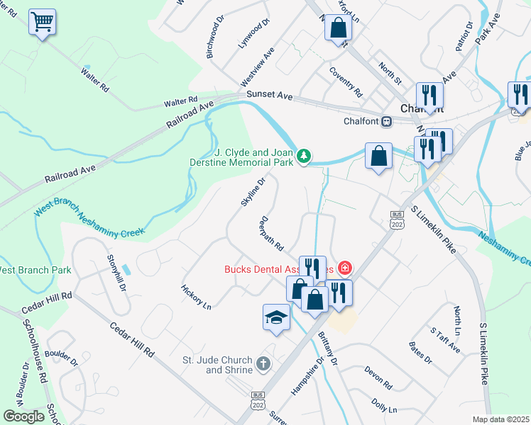 map of restaurants, bars, coffee shops, grocery stores, and more near 59 Deerpath Road in Chalfont