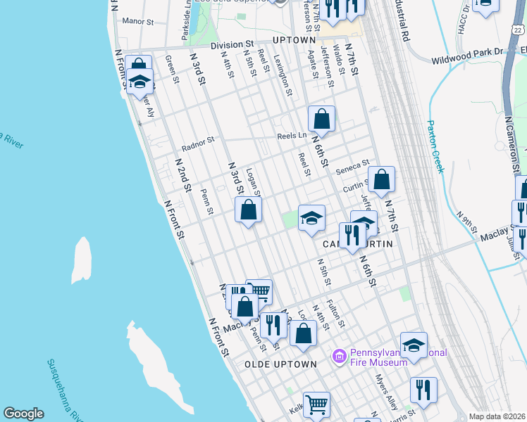 map of restaurants, bars, coffee shops, grocery stores, and more near 313 Seneca Street in Harrisburg