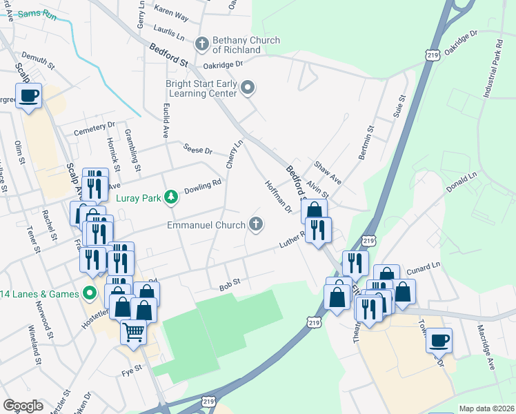 map of restaurants, bars, coffee shops, grocery stores, and more near 198 Lauretta Ln in Johnstown