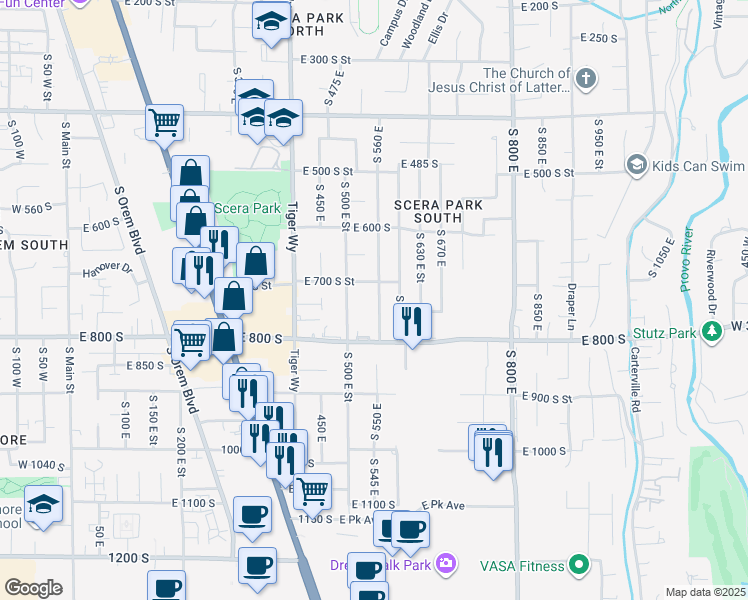 map of restaurants, bars, coffee shops, grocery stores, and more near 734 South 560 East in Orem