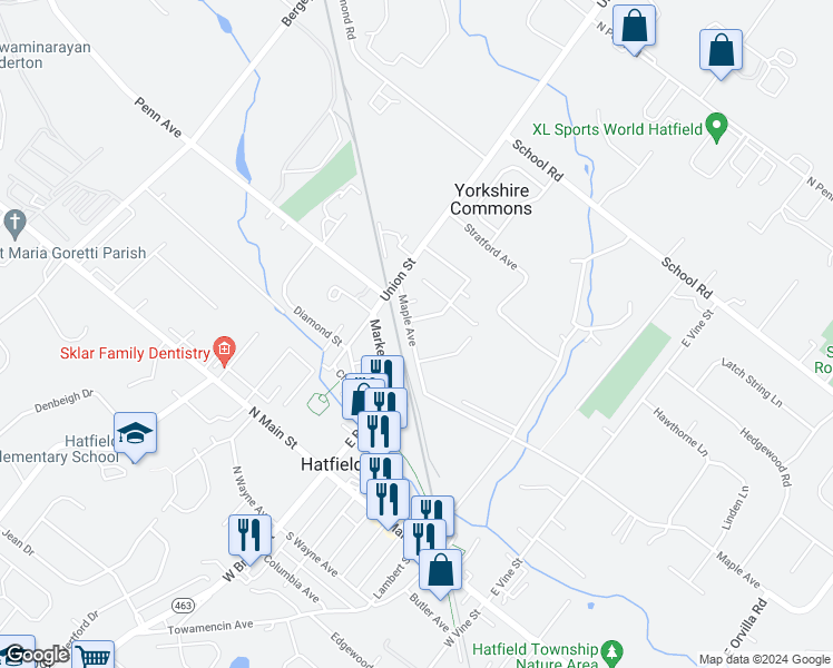 map of restaurants, bars, coffee shops, grocery stores, and more near 37 Maple Avenue in Hatfield