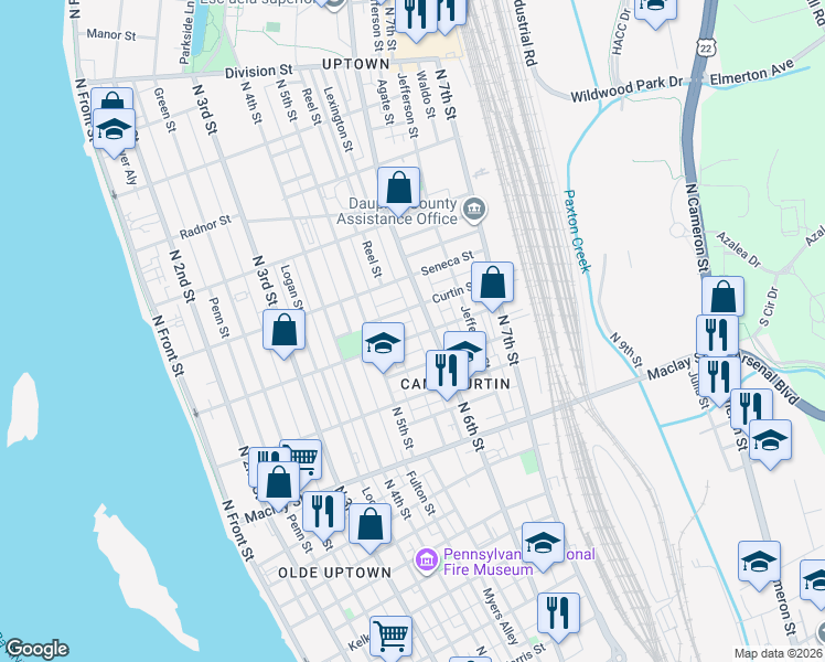 map of restaurants, bars, coffee shops, grocery stores, and more near 528 Emerald Street in Harrisburg