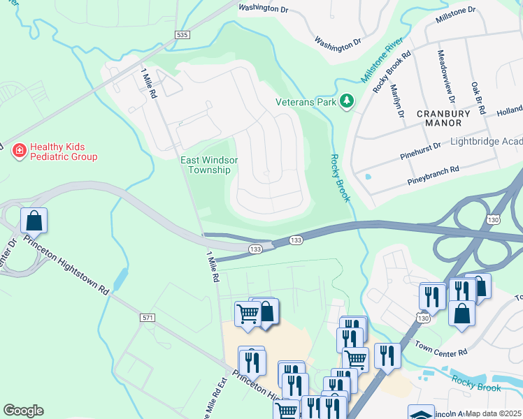 map of restaurants, bars, coffee shops, grocery stores, and more near 18 Goddard Drive in East Windsor