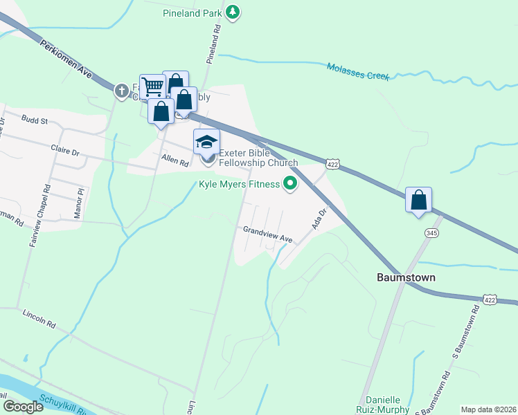 map of restaurants, bars, coffee shops, grocery stores, and more near 257 Redlane Road in Birdsboro