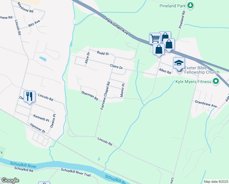 map of restaurants, bars, coffee shops, grocery stores, and more near 506 Buddies Court in Birdsboro
