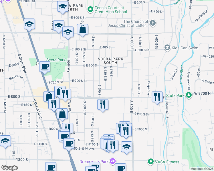 map of restaurants, bars, coffee shops, grocery stores, and more near 720 South 670 East in Orem