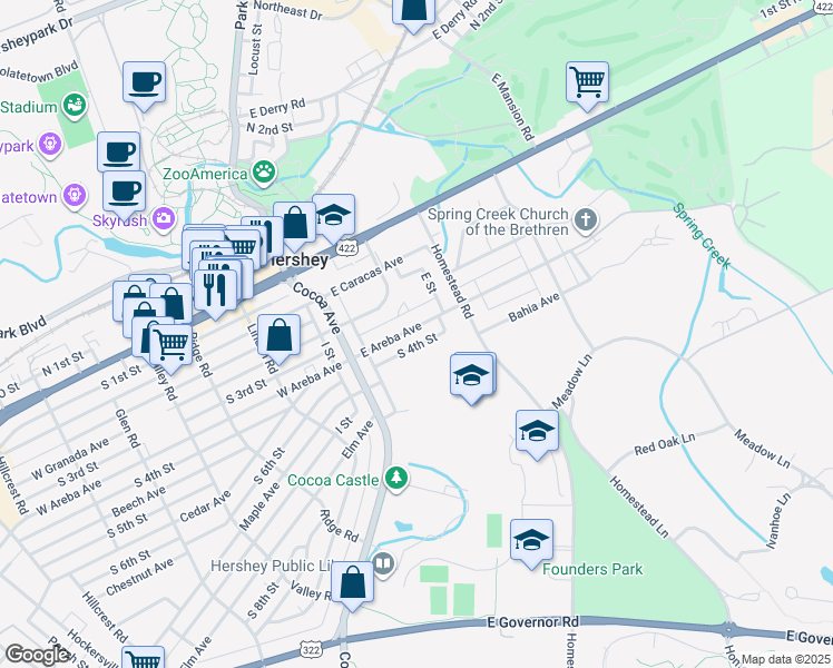 map of restaurants, bars, coffee shops, grocery stores, and more near 109 East Areba Avenue in Hershey
