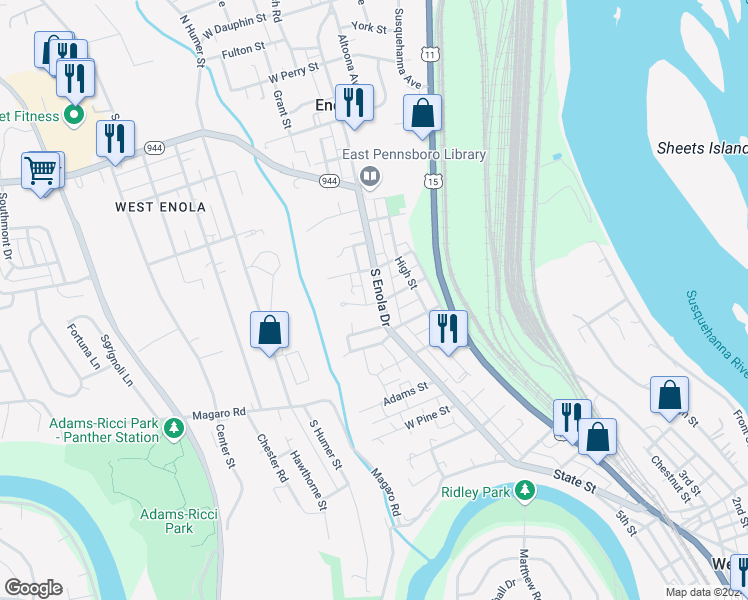 map of restaurants, bars, coffee shops, grocery stores, and more near 171 South Enola Drive in Enola