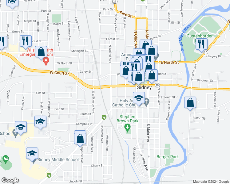 map of restaurants, bars, coffee shops, grocery stores, and more near 210 Franklin Avenue in Sidney