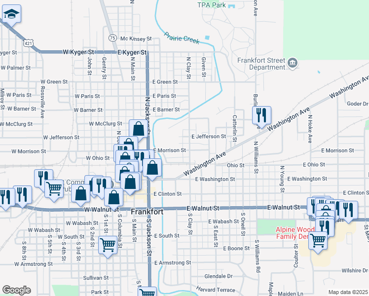 map of restaurants, bars, coffee shops, grocery stores, and more near 408 East Morrison Street in Frankfort