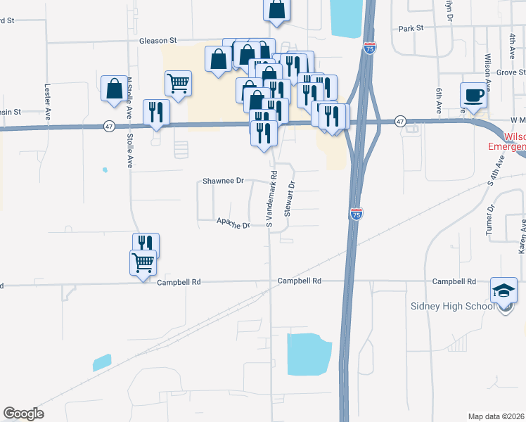 map of restaurants, bars, coffee shops, grocery stores, and more near 230 Cherokee Drive in Sidney