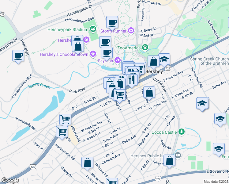 map of restaurants, bars, coffee shops, grocery stores, and more near 243 W Chocolate Ave in Hershey