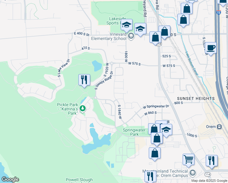 map of restaurants, bars, coffee shops, grocery stores, and more near 730 South 1840 West in Orem
