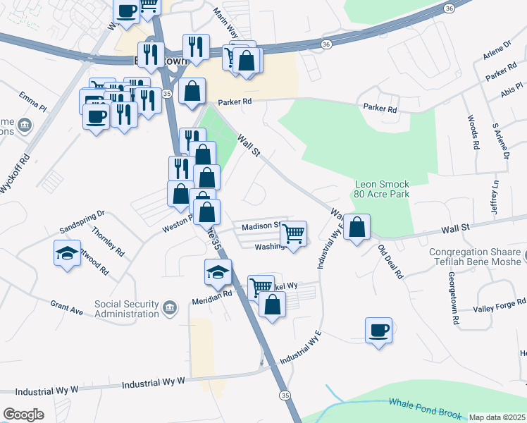 map of restaurants, bars, coffee shops, grocery stores, and more near 8 MacKenzie Road in Eatontown