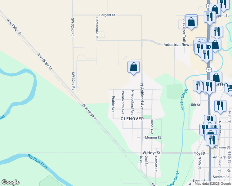 map of restaurants, bars, coffee shops, grocery stores, and more near 1715 Wentworth Avenue in Beatrice