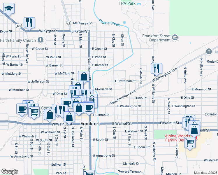 map of restaurants, bars, coffee shops, grocery stores, and more near 408 East Morrison Street in Frankfort