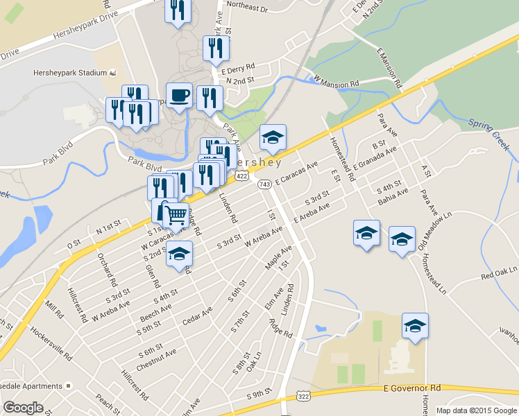 map of restaurants, bars, coffee shops, grocery stores, and more near 29 West Granada Avenue in Hershey