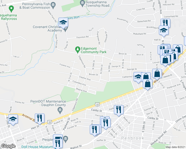 map of restaurants, bars, coffee shops, grocery stores, and more near 2405 Brown Street in Harrisburg