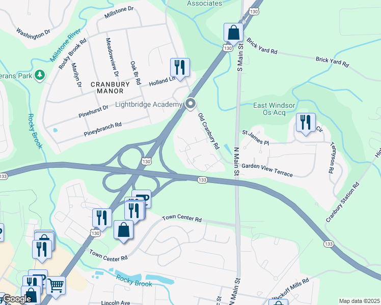 map of restaurants, bars, coffee shops, grocery stores, and more near 4 Montgomery Court in East Windsor