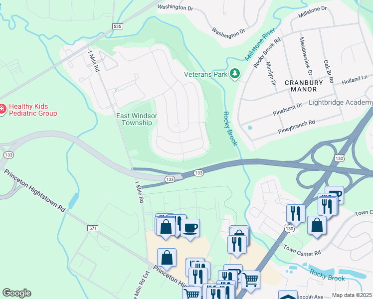 map of restaurants, bars, coffee shops, grocery stores, and more near 91 Aristotle Way in East Windsor