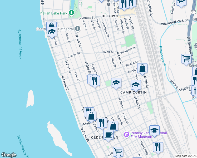 map of restaurants, bars, coffee shops, grocery stores, and more near 2349 Logan Street in Harrisburg